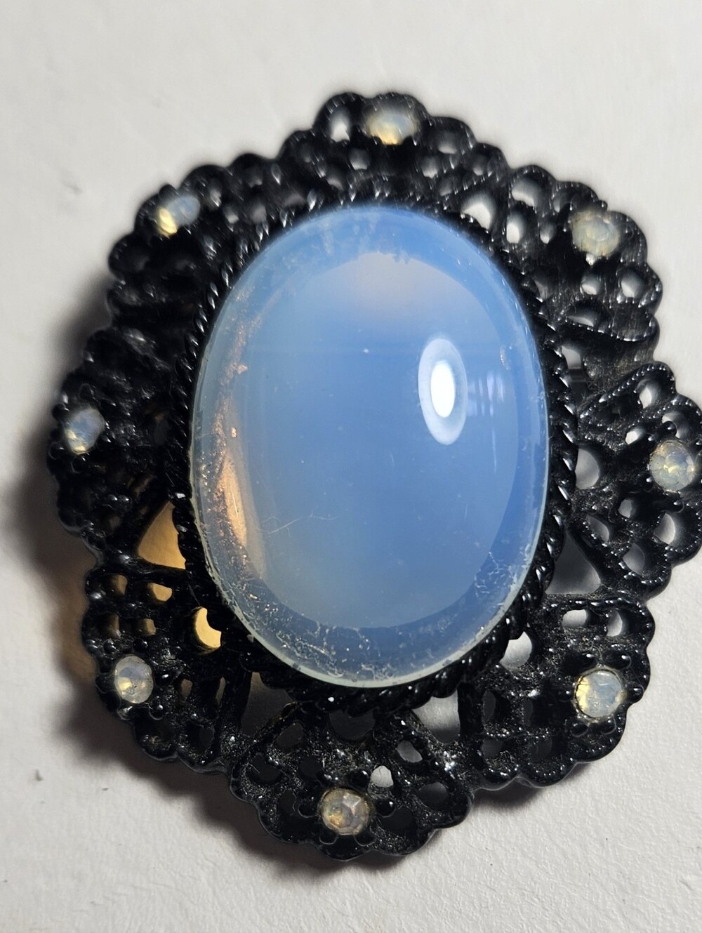 Vintage Emmons Gothic Black Metal Opalite Brooch